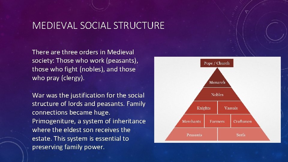 MEDIEVAL SOCIAL STRUCTURE There are three orders in Medieval society: Those who work (peasants),