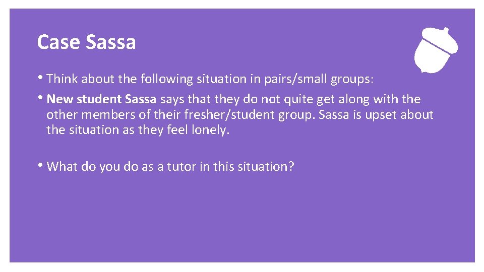 Exercise Case Sassa • Think about the following situation in pairs/small groups: • New