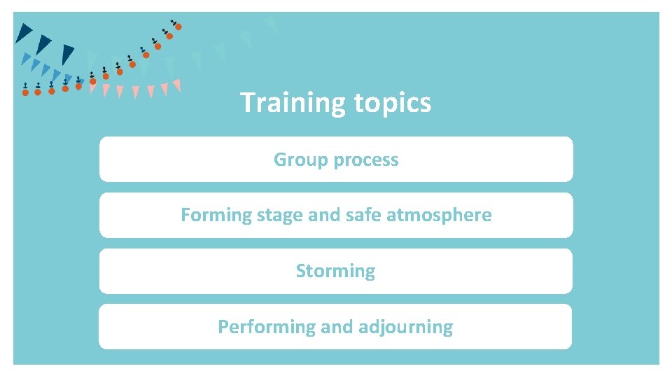 Training topics Group process Forming stage and safe atmosphere Storming Performing and adjourning 