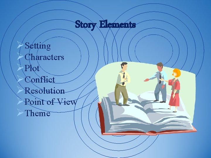 Story Elements ØSetting ØCharacters ØPlot ØConflict ØResolution ØPoint of View ØTheme 