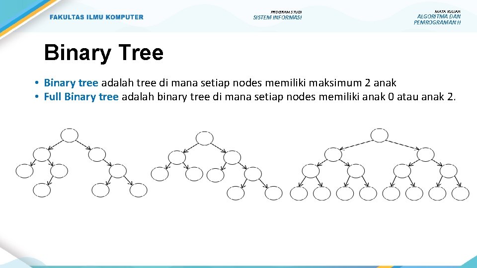 PROGRAM STUDI SISTEM INFORMASI MATA KULIAH ALGORITMA DAN PEMROGRAMAN II Binary Tree • Binary