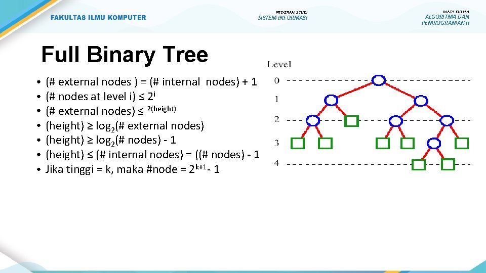 PROGRAM STUDI SISTEM INFORMASI Full Binary Tree ● ● ● ● (# external nodes