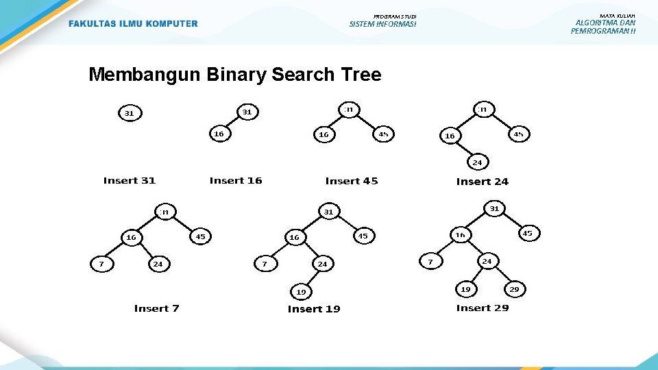 PROGRAM STUDI SISTEM INFORMASI Membangun Binary Search Tree MATA KULIAH ALGORITMA DAN PEMROGRAMAN II