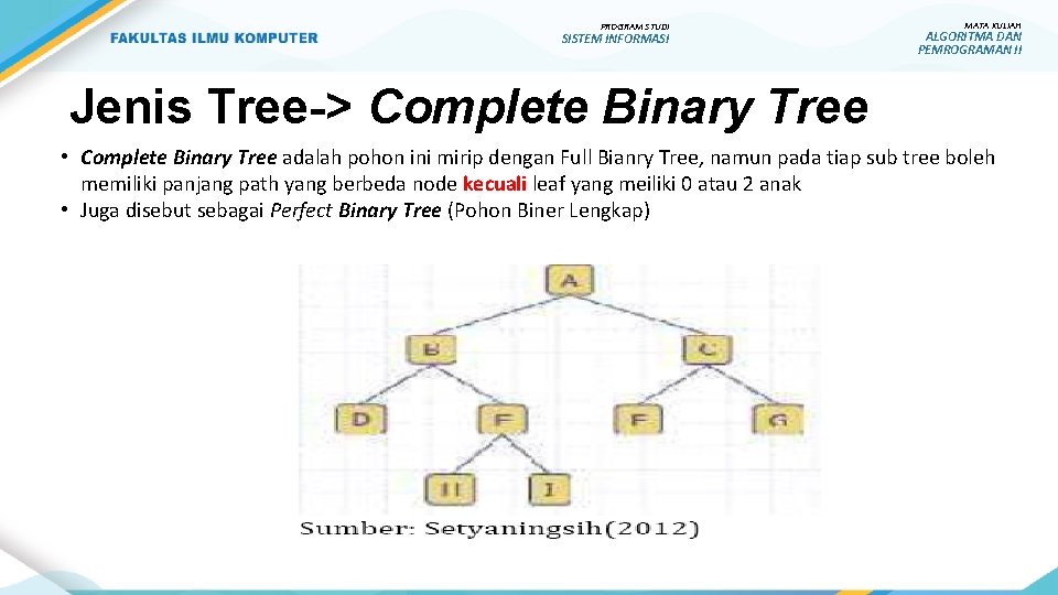 PROGRAM STUDI SISTEM INFORMASI MATA KULIAH ALGORITMA DAN PEMROGRAMAN II Jenis Tree-> Complete Binary