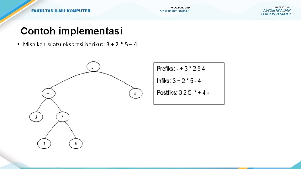 PROGRAM STUDI SISTEM INFORMASI Contoh implementasi • Misalkan suatu ekspresi berikut: 3 + 2