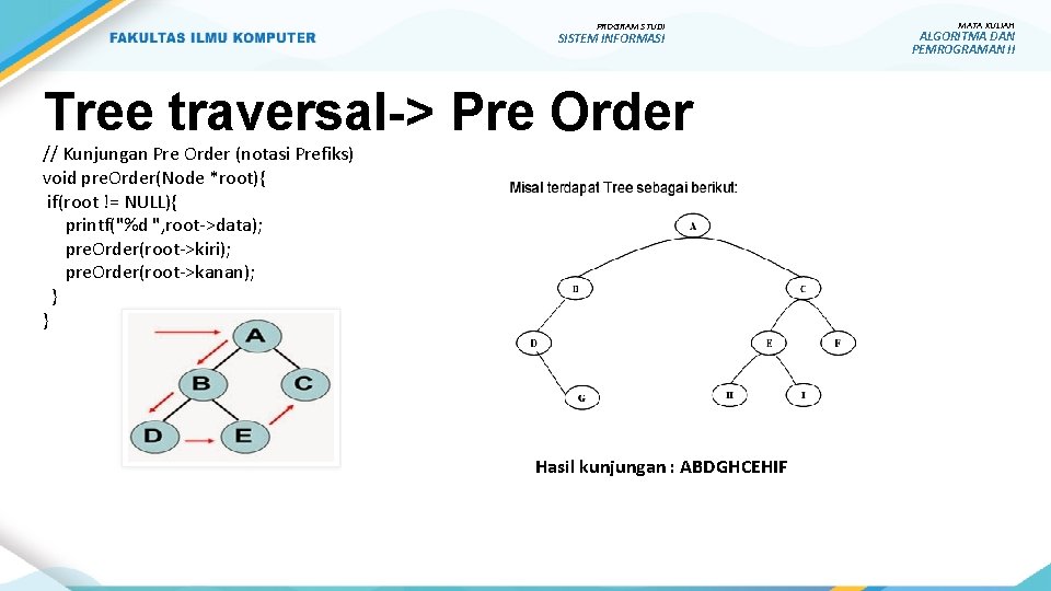 PROGRAM STUDI SISTEM INFORMASI Tree traversal-> Pre Order // Kunjungan Pre Order (notasi Prefiks)