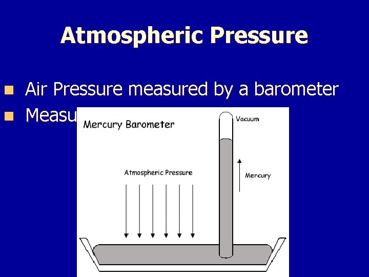 Atmospheric Pressure Air Pressure measured by a barometer n Measured in mm. Hg n