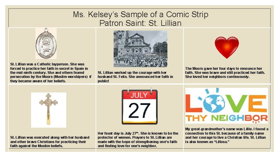 Ms. Kelsey’s Sample of a Comic Strip Patron Saint: St. Lillian was a Catholic