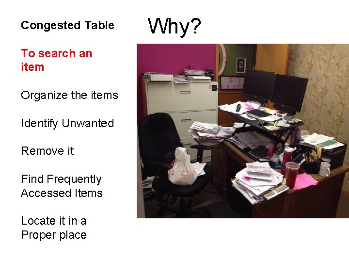 Congested Table To search an item Organize the items Identify Unwanted Remove it Find