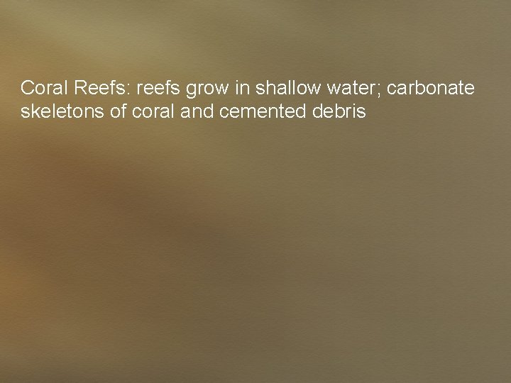 Coral Reefs: reefs grow in shallow water; carbonate skeletons of coral and cemented debris