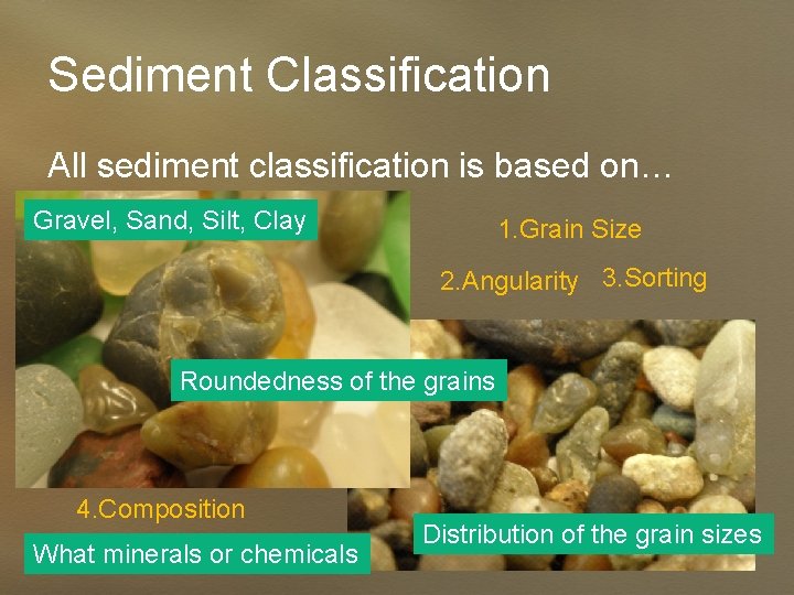 Sediment Classification All sediment classification is based on… Gravel, Sand, Silt, Clay 1. Grain