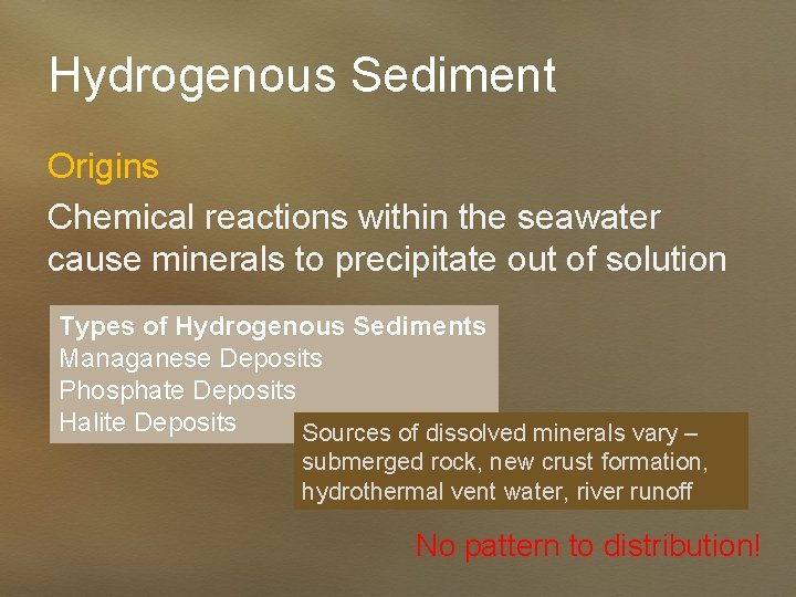 Hydrogenous Sediment Origins Chemical reactions within the seawater cause minerals to precipitate out of