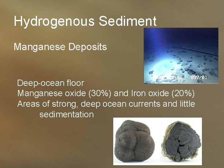 Hydrogenous Sediment Manganese Deposits Deep-ocean floor Manganese oxide (30%) and Iron oxide (20%) Areas