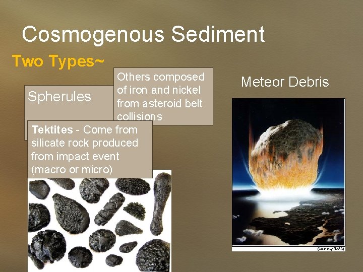 Cosmogenous Sediment Two Types~ Others composed of iron and nickel Spherules from asteroid belt