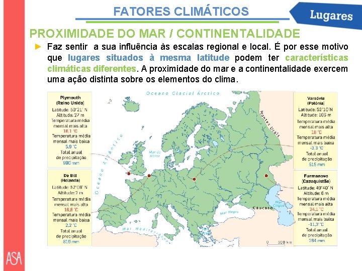 FATORES CLIMÁTICOS PROXIMIDADE DO MAR / CONTINENTALIDADE ► Faz sentir a sua influência às