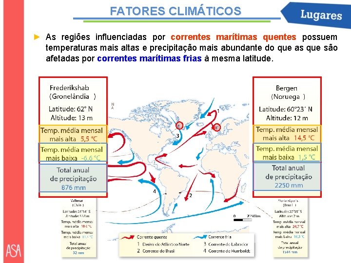 FATORES CLIMÁTICOS ► As regiões influenciadas por correntes marítimas quentes possuem temperaturas mais altas