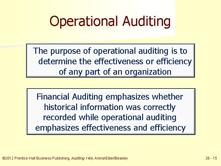 Operational Auditing The purpose of operational auditing is to determine the effectiveness or efficiency