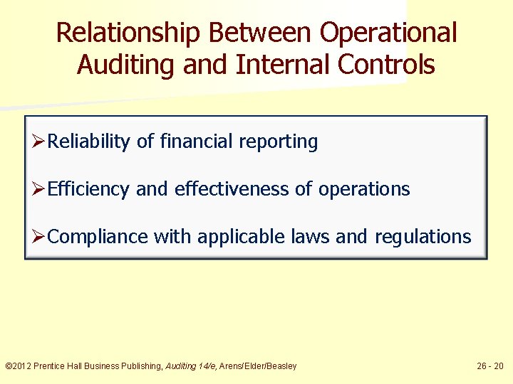 Relationship Between Operational Auditing and Internal Controls ØReliability of financial reporting ØEfficiency and effectiveness