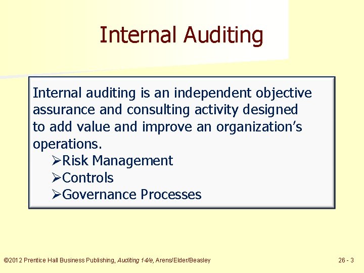 Internal Auditing Internal auditing is an independent objective assurance and consulting activity designed to