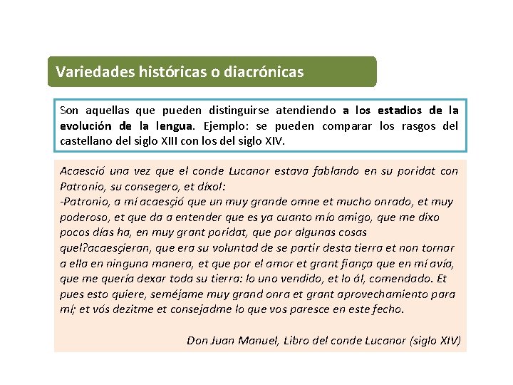 VARIEDAD LINGÜÍSTICA Variedades históricas o diacrónicas Son aquellas que pueden distinguirse atendiendo a los VARIEDAD LINGÜÍSTICA Variedades históricas o diacrónicas Son aquellas que pueden distinguirse atendiendo a los