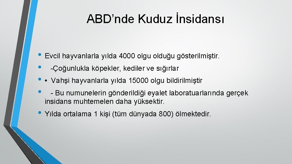 ABD’nde Kuduz İnsidansı • Evcil hayvanlarla yılda 4000 olgu olduğu gösterilmiştir. • -Çoğunlukla köpekler,