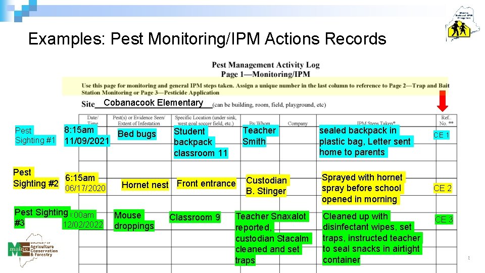 Examples: Pest Monitoring/IPM Actions Records Cobanacook Elementary Pest Sighting #1 8: 15 am Bed