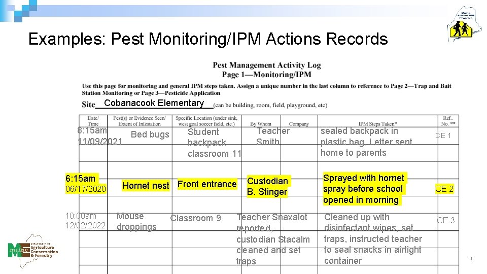 Examples: Pest Monitoring/IPM Actions Records Cobanacook Elementary 8: 15 am Bed bugs 11/09/2021 6: