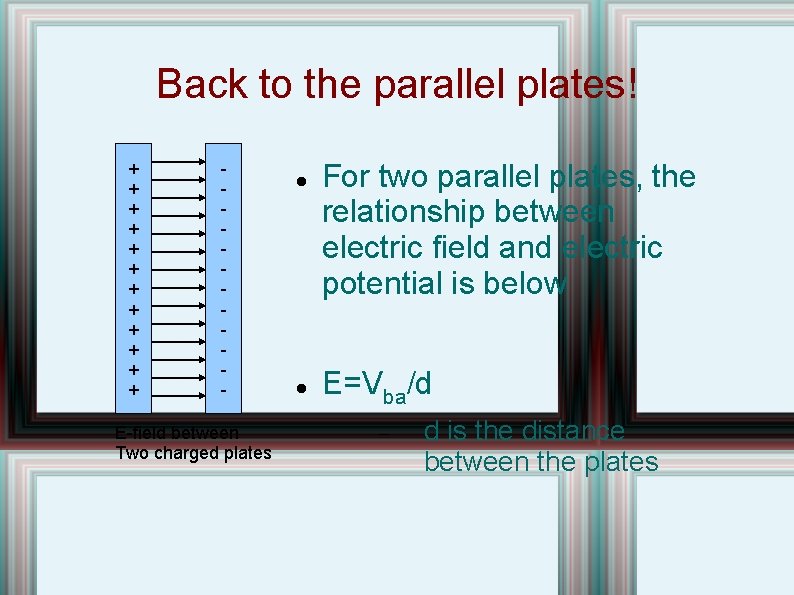 Back to the parallel plates! + + + - E-field between Two charged plates