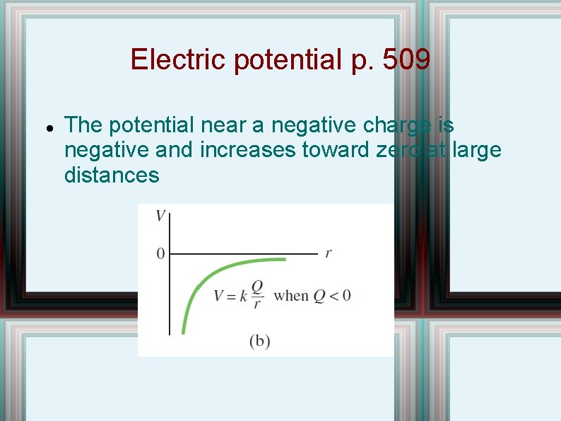 Electric potential p. 509 The potential near a negative charge is negative and increases