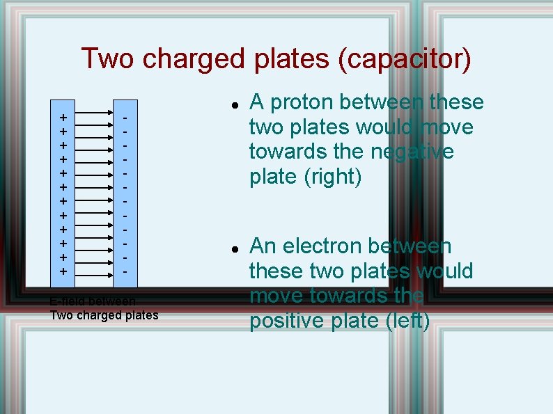 Two charged plates (capacitor) + + + - E-field between Two charged plates A