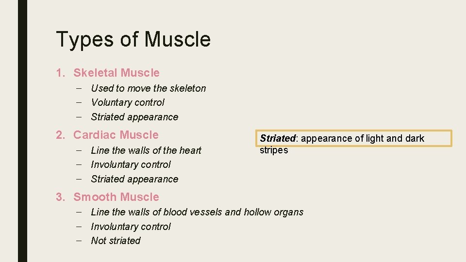 Types of Muscle 1. Skeletal Muscle – Used to move the skeleton – Voluntary