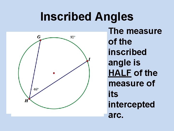 Inscribed Angles The measure of the inscribed angle is HALF of the measure of