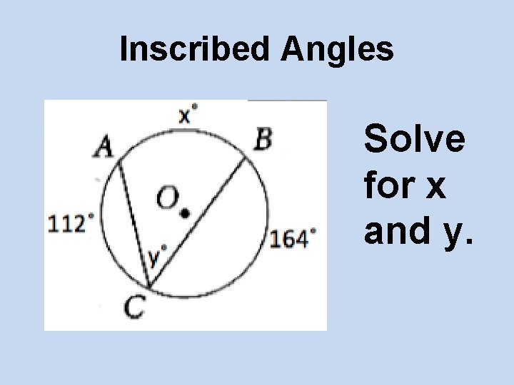 Inscribed Angles Solve for x and y. 