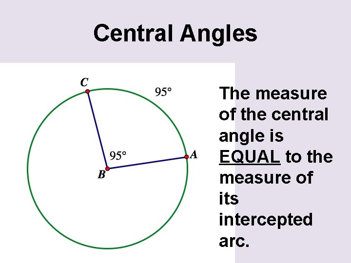Central Angles The measure of the central angle is EQUAL to the measure of