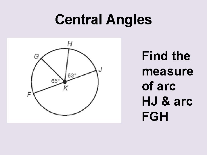 Central Angles Find the measure of arc HJ & arc FGH 