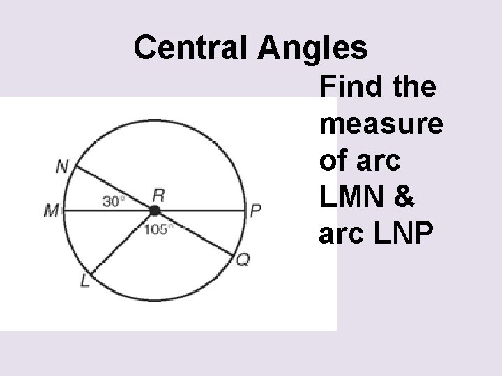 Central Angles Find the measure of arc LMN & arc LNP 