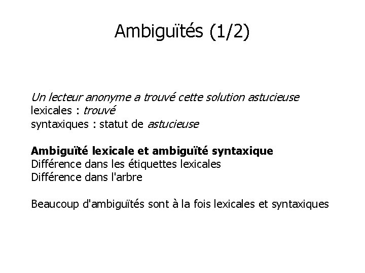 Ambiguïtés (1/2) Un lecteur anonyme a trouvé cette solution astucieuse lexicales : trouvé syntaxiques