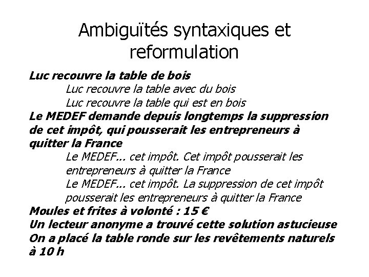 Ambiguïtés syntaxiques et reformulation Luc recouvre la table de bois Luc recouvre la table