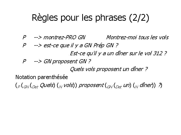 Règles pour les phrases (2/2) P P P --> montrez-PRO GN Montrez-moi tous les