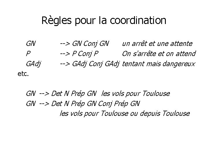 Règles pour la coordination GN P GAdj --> GN Conj GN un arrêt et