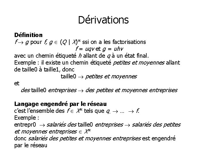 Dérivations Définition f g pour f, g (Q | X)* ssi on a les