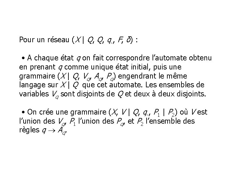 Pour un réseau (X | Q, Q, q-, F, δ) : • A chaque