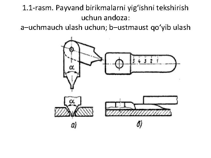 1. 1 -rasm. Payvand birikmalarni yig‘ishni tekshirish uchun andoza: a–uchmauch ulash uchun; b–ustmaust qo‘yib