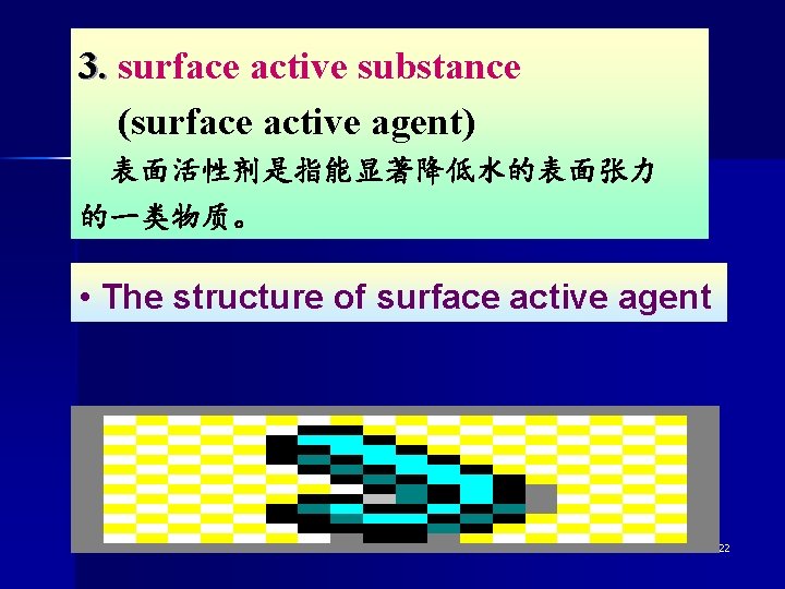 3. surface active substance (surface active agent) 表面活性剂是指能显著降低水的表面张力 的一类物质。 • The structure of surface
