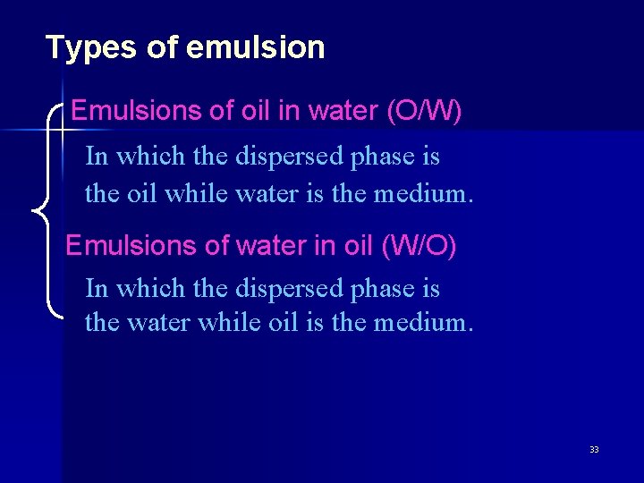 Types of emulsion Emulsions of oil in water (O/W) In which the dispersed phase