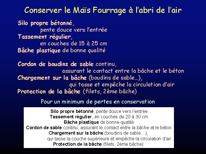 Conserver le Maïs Fourrage à l’abri de l’air Silo propre bétonné, pente douce vers