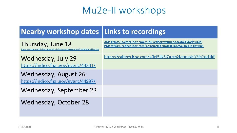 Mu 2 e-II workshops Nearby workshop dates Links to recordings Thursday, June 18 AM: Mu 2 e-II workshops Nearby workshop dates Links to recordings Thursday, June 18 AM: