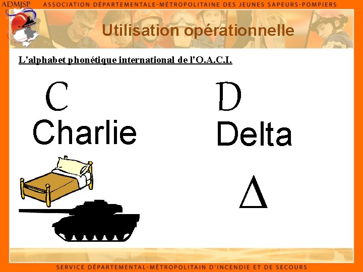Utilisation opérationnelle L'alphabet phonétique international de l'O. A. C. I. C Charlie D Delta