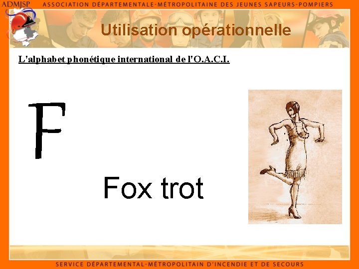 Utilisation opérationnelle L'alphabet phonétique international de l'O. A. C. I. F Fox trot 