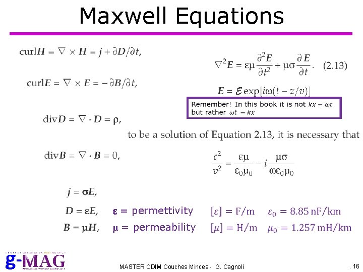 Maxwell Equations e = permettivity µ = permeability MASTER CDIM Couches Minces - G.